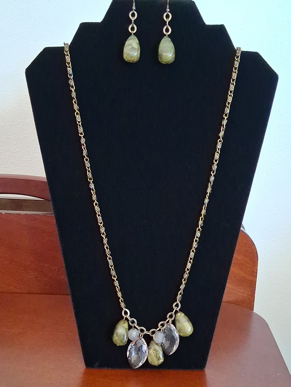 Bronze-Tone & Olive Green Necklace & Earring Set LL102